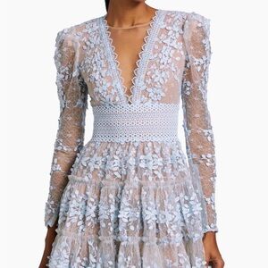 Bronx and Banco Pale Blue Floral Lace V-Neck Tiered Dress